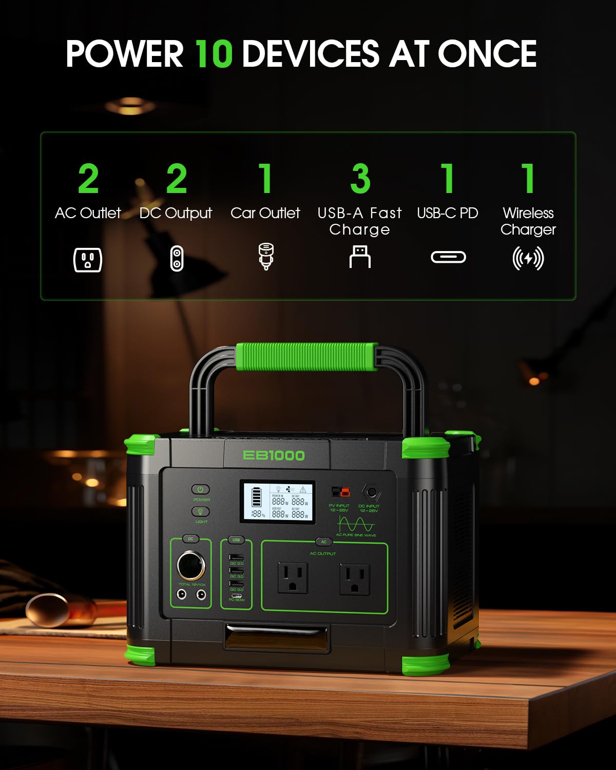 Portable Power Station 1000W (Peak 2000W), 999Wh Solar Generator with 110V Pure Sine Wave AC Outlet, 60W USB-C PD, 10 Ports for Camping RV Van Home Backup Emergency Off-Grid Living