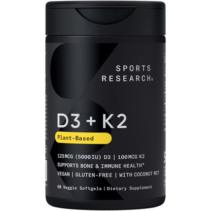 Sports Research® Vitamin D3 + K2 w/ Coconut Oil - Vegan Vitamin D 5000iu & Mk7 Vitamin K 100mcg for Bone & Immune Support - Vegan Certified · Non-GMO · Soy Free - 60 Softgels