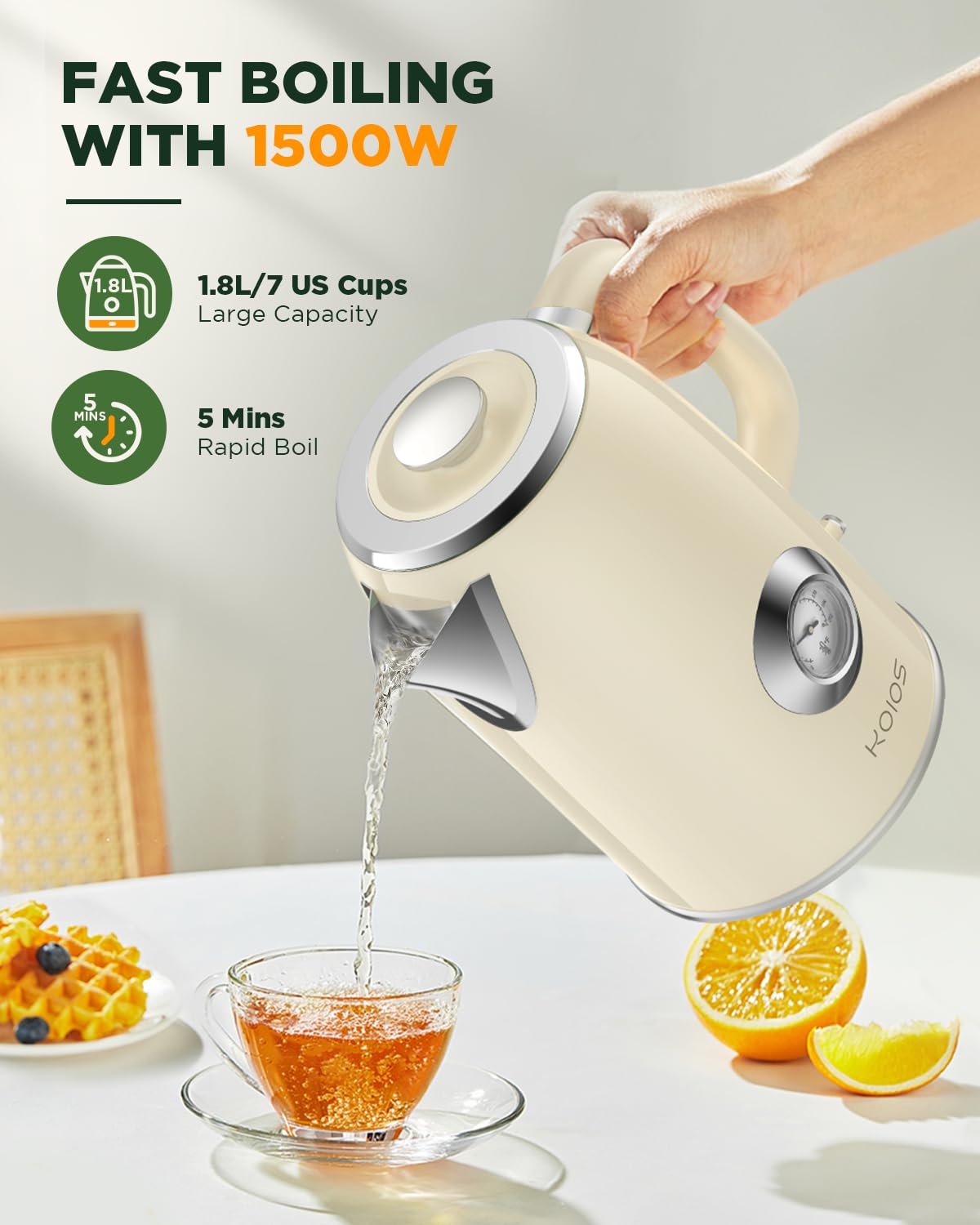 Electric Kettle 1.8L with Temperature Gauge, 1500W Fast Boiling Electric Tea Kettle, 100% Stainless Steel Retro-Style Hot Water Kettle Electric - Glowing LED Light, Auto Shut-Off & Boil-Dry Protection