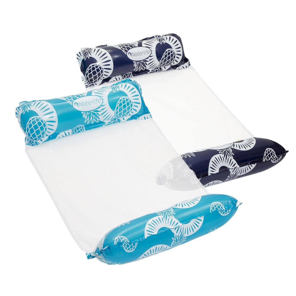 Waterlife 4-in-1 Pool Hammock 2-Pack, Inflatable Pool Chair Float, Water Hammock (Saddle, Lounge Chair, Hammock, Drifter), Navy & Light Blue