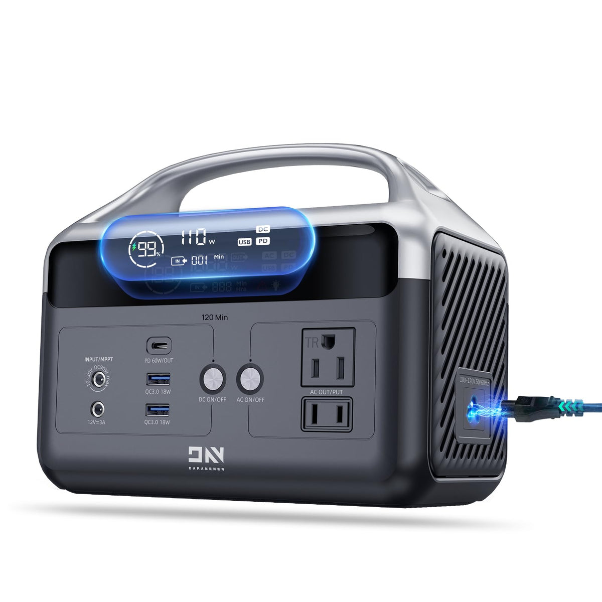 DaranEner Portable Power Station 60,000mAh, 192Wh LiFePO4 Battery Backup w/2 300W (Surge 600W) AC Outlets, 2H Fast Charging, Power Bank for Hurricane Emergency/Home/Outdoor Camping/RVs Use
