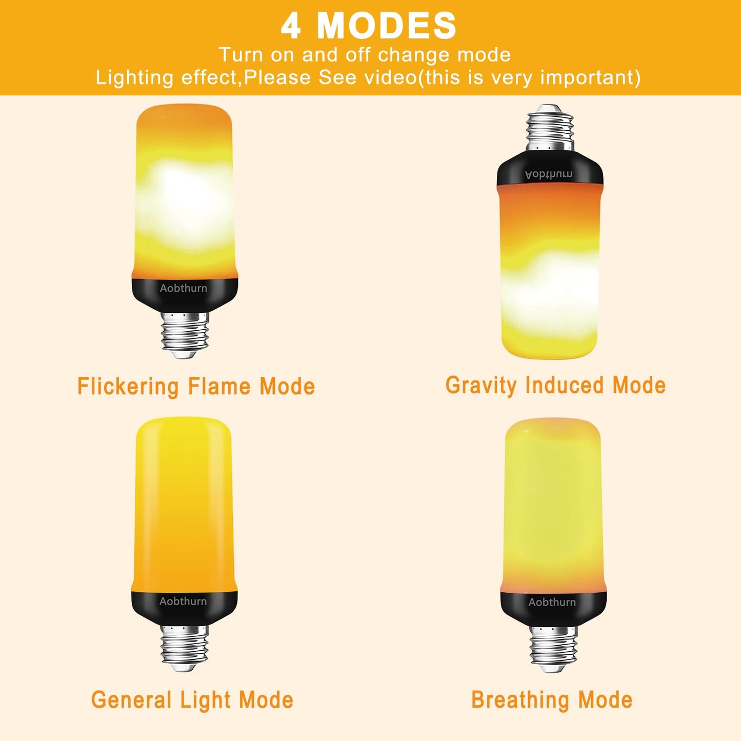 aobthurn Flame Light Bulbs, 4 Modes LED Flame Effect Light Bulb, E26 Base Flickering Light Bulb with Gravity Sensor,Flickering Light Bulbs Halloween Decor(4 Pack)