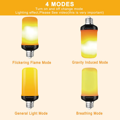 aobthurn Flame Light Bulbs, 4 Modes LED Flame Effect Light Bulb, E26 Base Flickering Light Bulb with Gravity Sensor,Flickering Light Bulbs Halloween Decor(4 Pack)