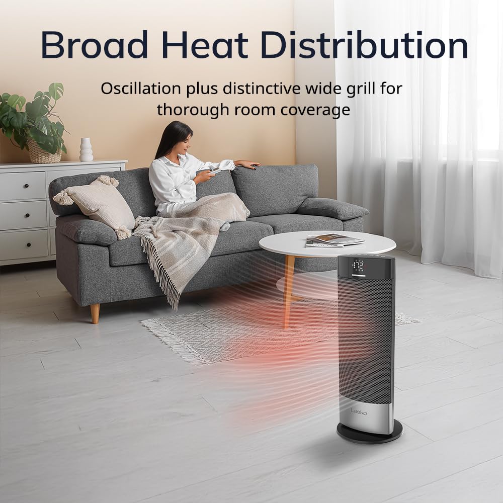Lasko Ellipse Ceramic Tower Heater for Home with Tipover Switch, Child Lock, Digital Display, Thermostat, Wide Oscillation, Remote, Timer, For Bedroom, Office, Living Room, Den, 1500W, Black, CT18950