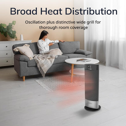 Lasko Ellipse Ceramic Tower Heater for Home with Tipover Switch, Child Lock, Digital Display, Thermostat, Wide Oscillation, Remote, Timer, For Bedroom, Office, Living Room, Den, 1500W, Black, CT18950