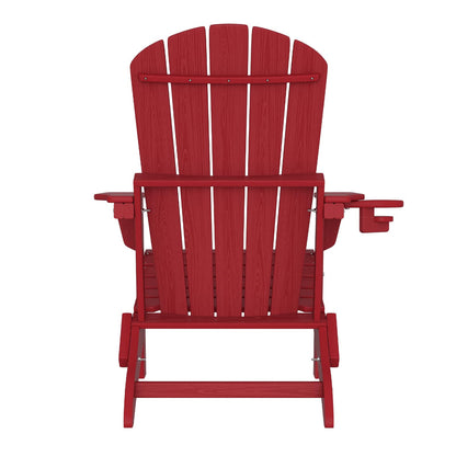 Plawdlik Folding Adirondack Chair Set of 4, SGS Tested, Wooden Textured with Cup Holder, Heavy All-Weather HDPE Comfortable Set Poolside Backyard Lawn,Red