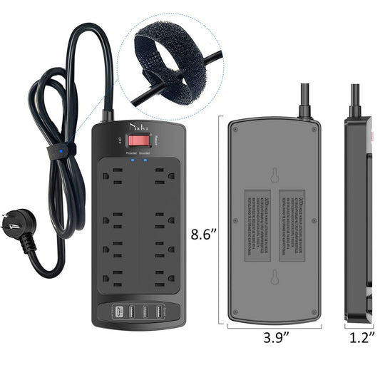 Surge Protector Power Strip - Nuetsa Flat Plug Extension Cord with 8 Outlets and 4 USB Ports, 20 Feet Power Cord (1625W/13A), 2700 Joules, ETL Listed, Black
