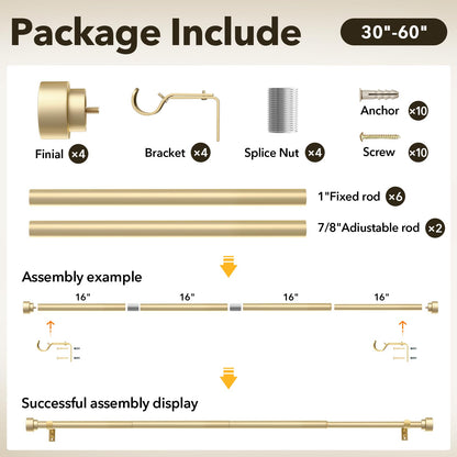 IFELS 2 Pack Heavy Duty Curtain Rods for Windows 28 to 48 Inch, 1 Inch Gold Adjustable Curtain Rod Set with Easy Installation and Modern Design (A1,Gold,30-60",2Pack)
