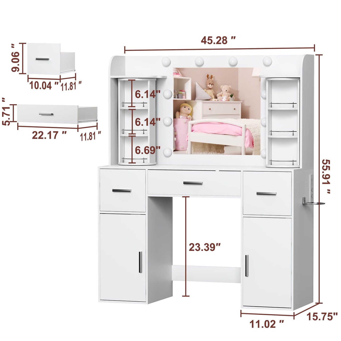EasyCom Vanity Desk with Rotating Jewelry Organizers, Makeup Vanity with Mirror and Lights, Dressing Table with USB-C Charging Station, 3 Drawers and 2 Cabinets for Bedroom, Dressing Room, White