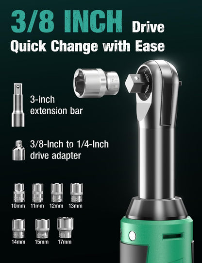 KIMO 3/8" Extended Electric Ratchet Wrench Set, 40 Ft-Lbs 400 Rpm 12V Cordless Ratchet Wrench w/ 2-Pack 2.0 Ah Batteries, 1 Hour Fast Charger & 8 Sockets, Power Ratchet w/Variable Speed & LED Light