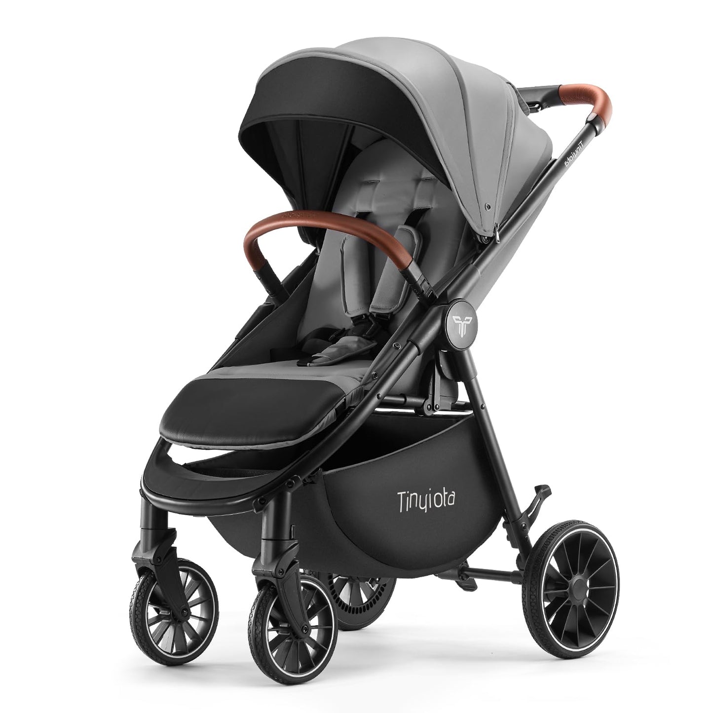 Tinyiota Baby Stroller, Infant Stroller with Large UPF 50+ Canopy,Luxury Pram Strollers with Leather Handle & Spacious Seat, One-Hand Foldable Pushchair, Toddler Carriage with Lie-Flat Mode(Gray)