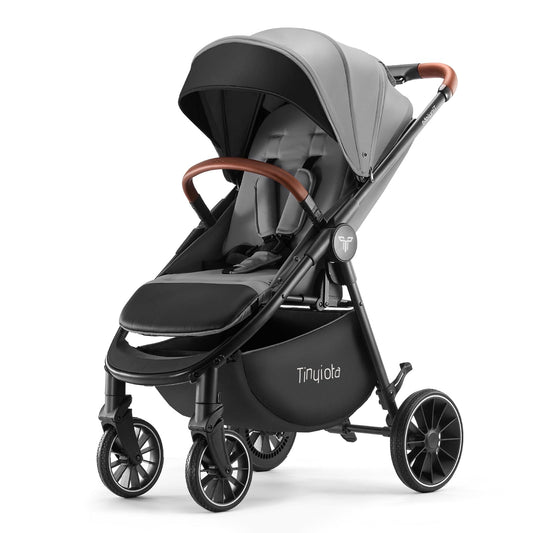 Tinyiota Baby Stroller, Infant Stroller with Large UPF 50+ Canopy,Luxury Pram Strollers with Leather Handle & Spacious Seat, One-Hand Foldable Pushchair, Toddler Carriage with Lie-Flat Mode(Gray)