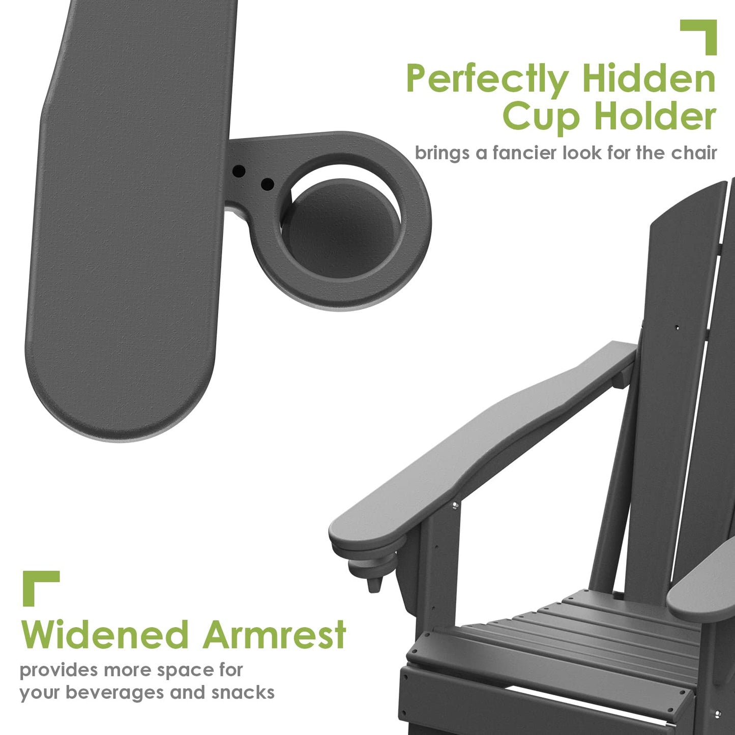 GREENVINES Folding-Adirondack-Chairs-Set-of-2 | HDPE Plastic | Fire Pit Chair | All Weather | Cup Holder | Grey | for Deck Backyard Patio Outdoor Garden