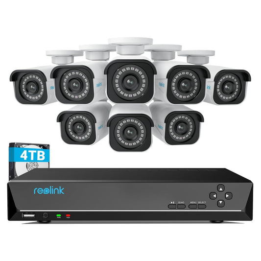 REOLINK 4K Security Camera System, RLK16-800B8 8pcs H.265 PoE Wired with Person Vehicle Detection, 8MP/4K 16CH NVR with 4TB HDD for 24-7 Recording