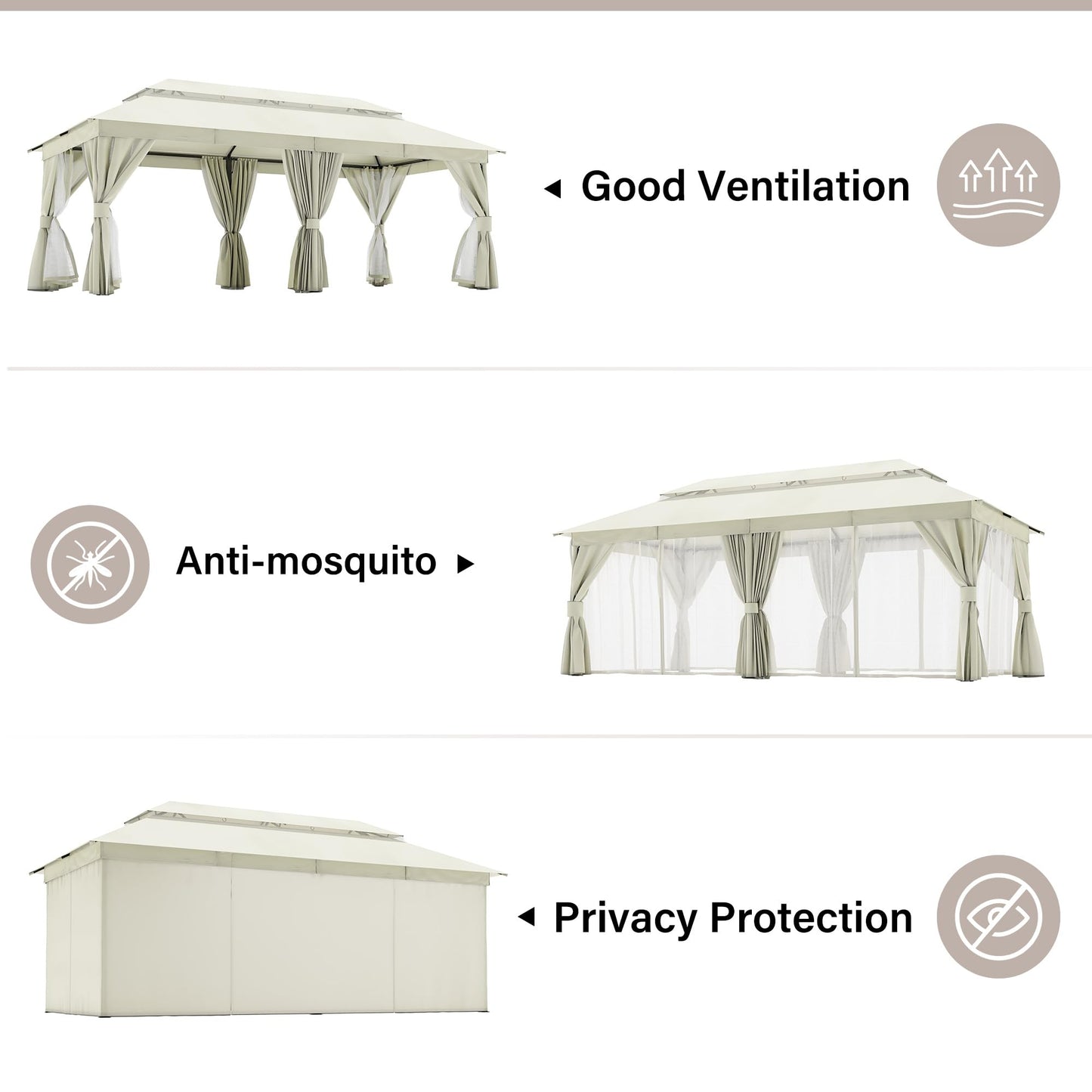 LAUSAINT HOME Outdoor Patio Gazebo 10'x20' with Expansion Bolts, Heavy Duty Party Tent & Shelter with Double Roofs, Mosquito Nettings and Privacy Screens for Backyard, Garden, Lawn, Cream White