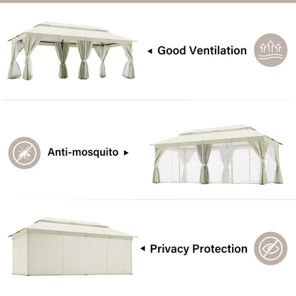 LAUSAINT HOME Outdoor Patio Gazebo 10'x20' with Expansion Bolts, Heavy Duty Party Tent & Shelter with Double Roofs, Mosquito Nettings and Privacy Screens for Backyard, Garden, Lawn, Cream White