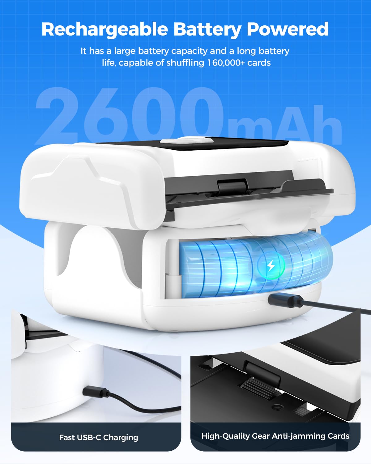 Automatic Card Shuffler for 1-2 Decks, One-Click Shuffling and Manual Mode, Portable Rechargeable (2600mAh) – Compatible with Poker, UNO, Bridge, Spades, Card Games for Adults & Family