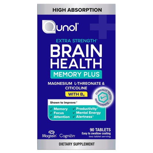 Qunol Brain Health Memory Plus with B6, Magnesium L-Threonate & Citicoline, Clinically Tested Ingredients to Improve Memory, Focus, Attention and Productivity, 90 Count