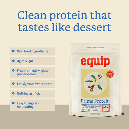 Equip Foods Prime Protein Powder | Clean, Grass Fed Beef Protein Powder | Carnivore Protein Isolate | Paleo, Keto Friendly | Gluten & Dairy Free | Helps Build & Repair Tissue | 30 Servings, Vanilla