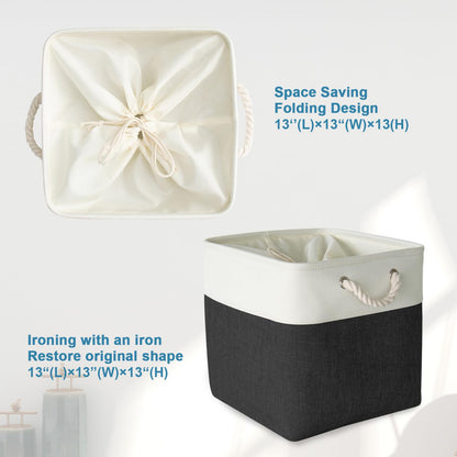 HOdo Home Fabric Storage Bin with Drawstring Closure and 2 Bold Handles, Collapsible Large Canvas Storage Baskets for Organizing Shelf Nursery Home Closet (Black&White, 13L×13W×13H - 3Pack)