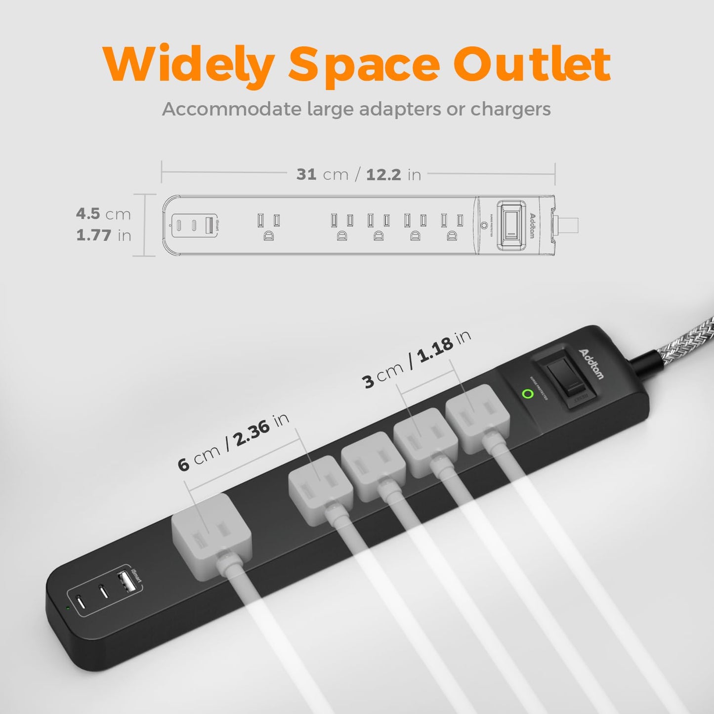 2 Pack Power Strip Surge Protector - 5 Widely Spaced Outlets 3 USB Charging Ports, 1875W/15A 6Ft Braided Extension Cord, Flat Plug Overload Protection, Wall Mount for Home Office Dorm Room Essentials