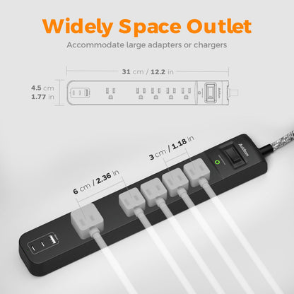 2 Pack Power Strip Surge Protector - 5 Widely Spaced Outlets 3 USB Charging Ports, 1875W/15A 6Ft Braided Extension Cord, Flat Plug Overload Protection, Wall Mount for Home Office Dorm Room Essentials