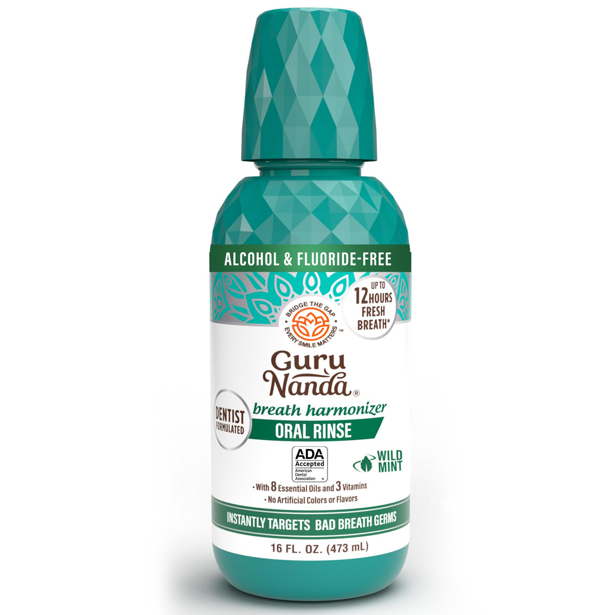 GuruNanda Fresh Breath Mouthwash, ADA-Accepted, Alcohol & Fluoride-Free, Sodium Chlorite, Essential Oils & Vitamins, 12-Hrs Fresh Breath, Wild Mint, 16 oz