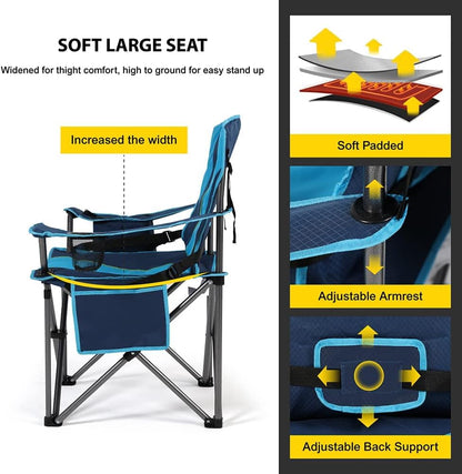 FAIR WIND 2 Pack Oversized Fully Padded Camping Chair with Lumbar Support, Heavy Duty Cooler Bag Fold Chair Support 450 LBS, Blue Green
