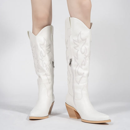 Pasuot White Cowboy Boots for Women - Wide Calf Cowgirl Knee High Western with Side Zip and Embroidered, Pointed Toe Chunky Heel Retro Classic Tall Cowboy Carter Boot Pull On for Ladies Fall Winter US 8