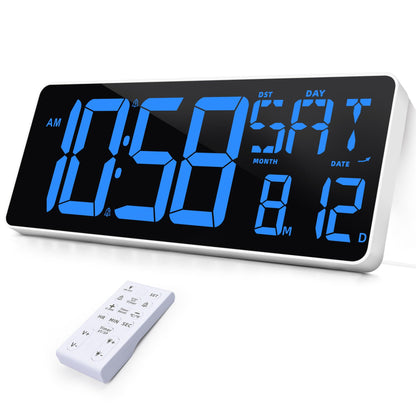TXL 13 Inch Large Digital Wall Clock with Remote Control,LED Desk Clock Digital with DST/Calendar/Temperature/Timer Function, Auto Dimmer Digital Clock Large Display for Classroom/Office(Blue)