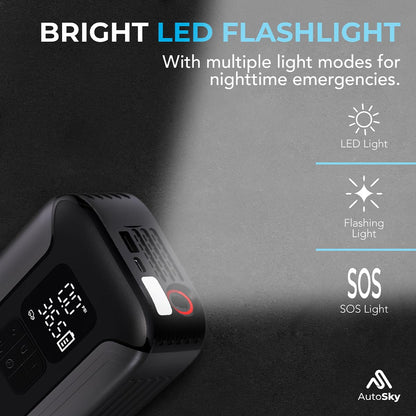 AUTOSKY 2-in-1 Jump Starter with Air Compressor – Starts Up to 6.0L Gas and 3.0L Diesel Engines – Portable Tire Inflator, LED Flashlight & Power Bank – Emergency Car Tool for SUV, Truck, Motorcycle