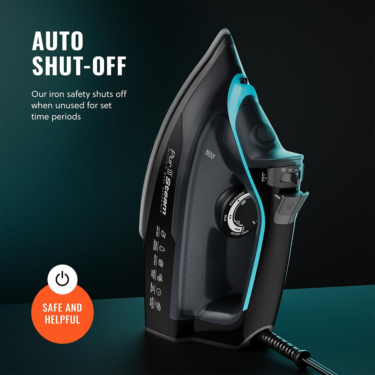 Pursteam SteamBurst+ 1750W Steam Iron, Ceramic Soleplate, Adjustable Steam, Burst of Steam, Self-Clean, Anti-Calc, Anti-Drip, Powerful & Long-Lasting Steam for All Fabrics