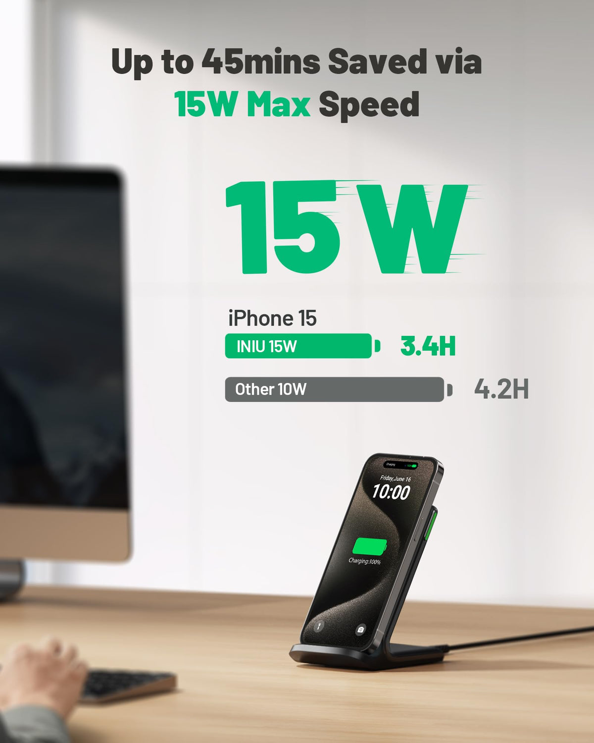 INIU Wireless Charger, 15W Fast Qi-Certified Wireless Charging Station with Sleep-Friendly Adaptive Light Compatible with iPhone 16 15 14 13 Pro XS 8 Plus Samsung Galaxy S25 S24 S23 Note 20 Google etc