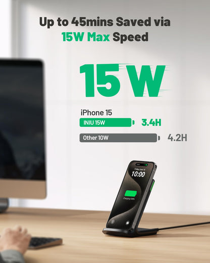 INIU Wireless Charger, 15W Fast Qi-Certified Wireless Charging Station with Sleep-Friendly Adaptive Light Compatible with iPhone 16 15 14 13 Pro XS 8 Plus Samsung Galaxy S25 S24 S23 Note 20 Google etc