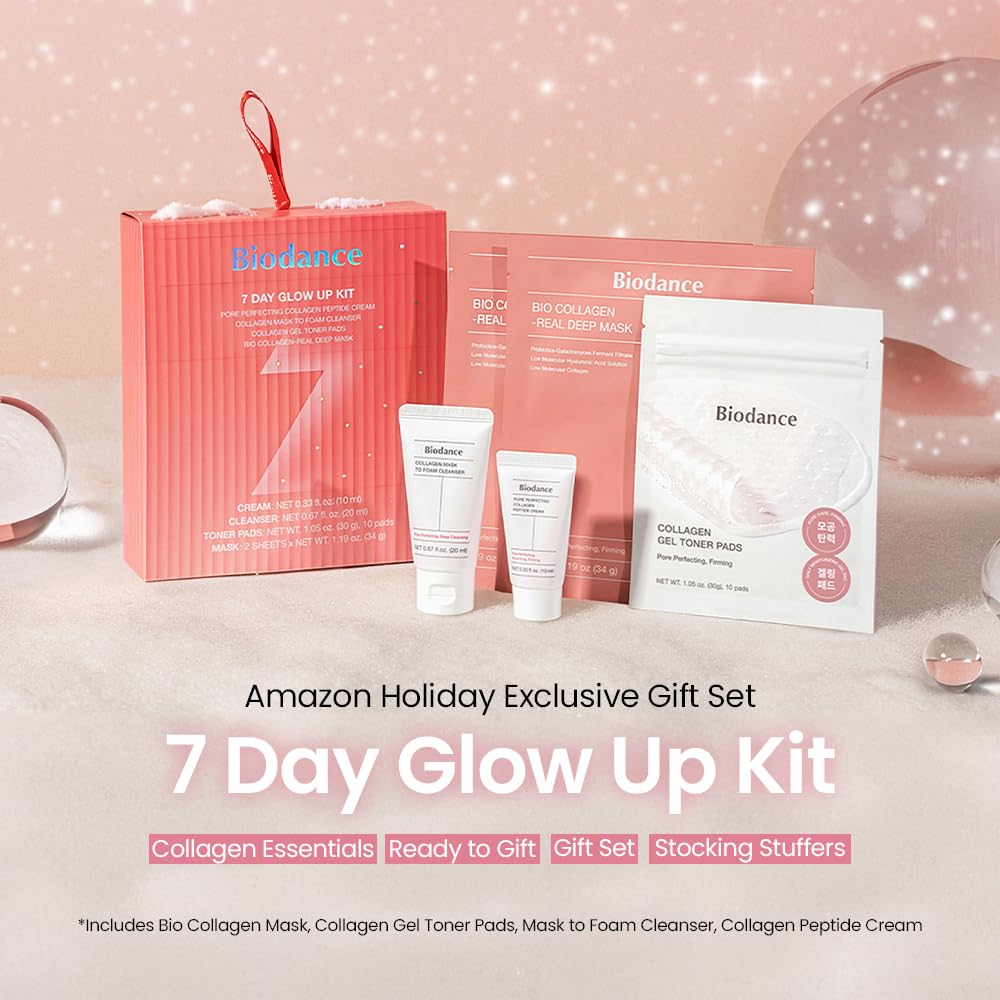 BIODANCE 7 Day Glow Up Kit: Holiday Collagen Gift Set for Glass-Skin, Christmas Gift, Stocking Stuffers for teen girls, Korean Skincare with Mask to Foam Cleanser, Toner Pads, Moisturizer, Gel Masks