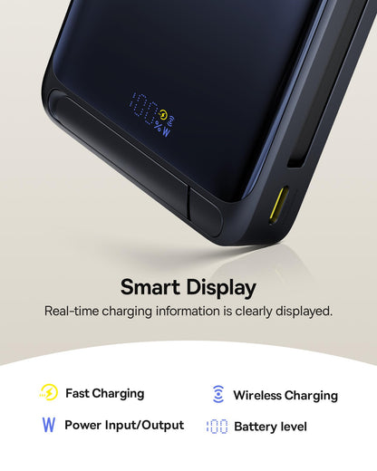 Baseus Qi2 Certified 15W for Magsafe Battery Pack, Nomos P2 30W Fast Charging Portable Phone Charger 10,000mAh Power Bank with USB-C Cable & Smart Display for iPhone 16/15/14/13/12 Series -(Black)