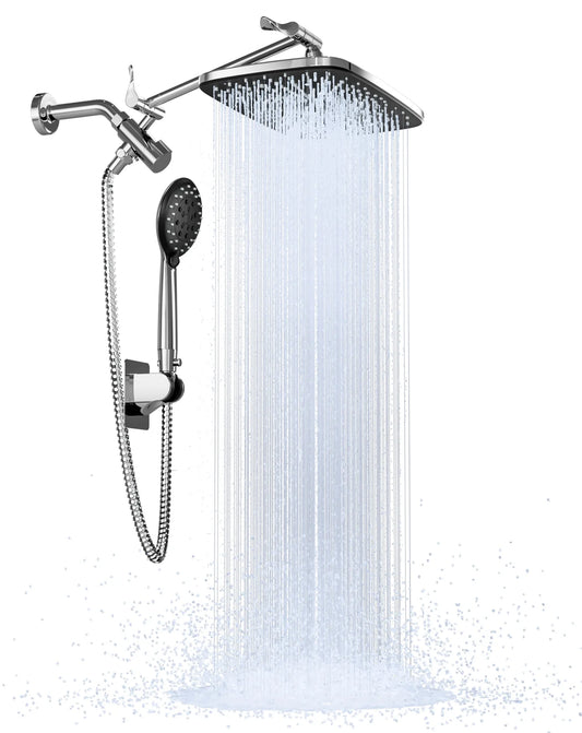 Ophanie 12 Inch High Pressure Rain Shower Head Combo with Adjustable Extension Arm - Wide Rainfall & 5 Spray Handheld Showerhead - Dual Anti-Clog Nozzles for Ultimate Shower Experience, Silver Chrome