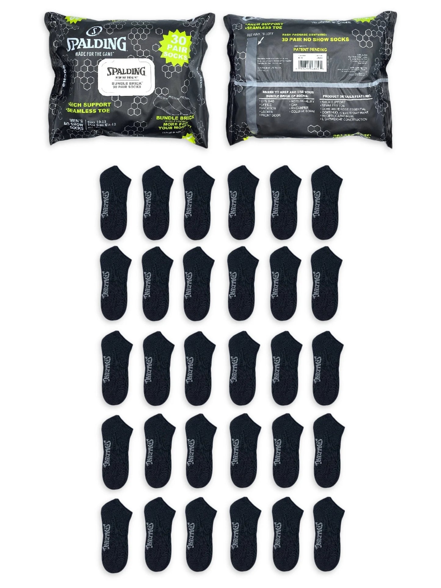 Spalding Men's Black No-Show Socks, 30-Pack, Sizes 6.5-12
