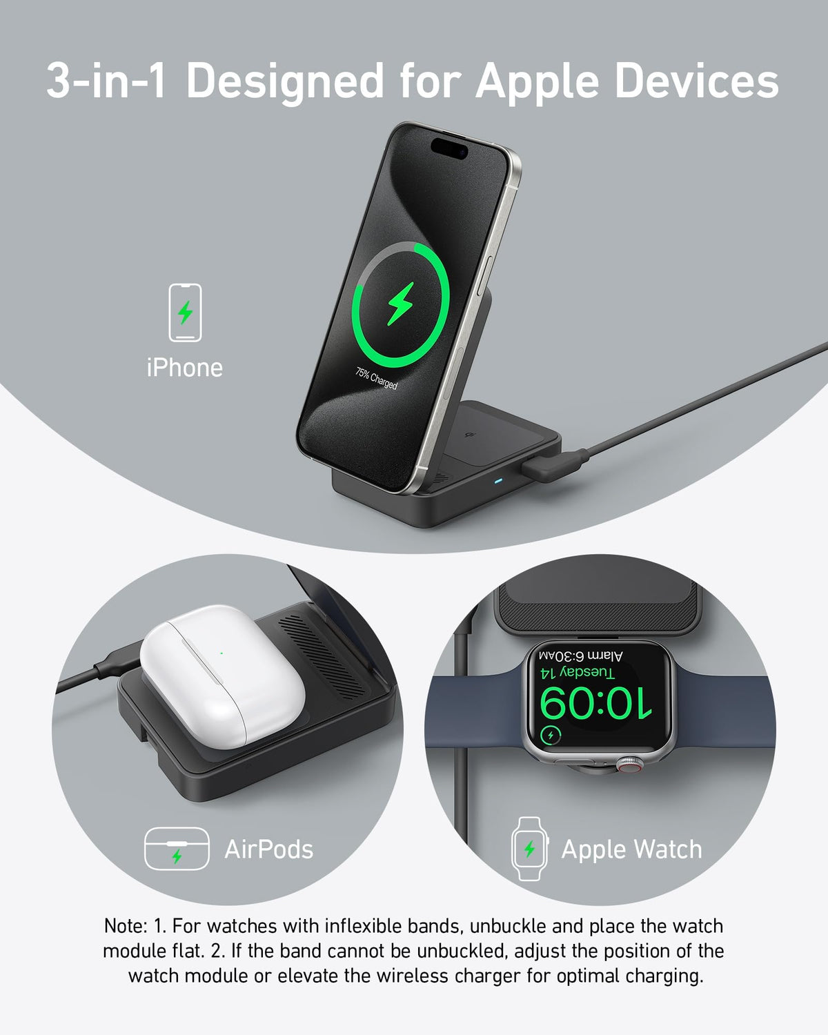 Anker MagGo 3 in 1 iPhone 16 Charging Station, MagSafe-Compatible Wireless Charger Stand, Qi2 Certified 15W Foldable Charger for iPhone 15/14, AirPods, Apple Watch 9 (40W USB-C Adapter Included)