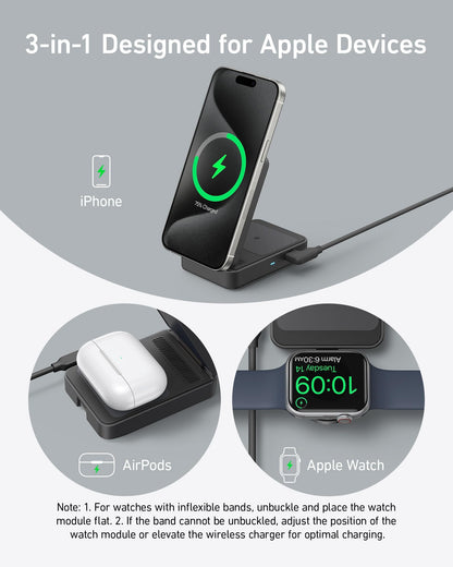 Anker MagGo 3 in 1 iPhone 16 Charging Station, MagSafe-Compatible Wireless Charger Stand, Qi2 Certified 15W Foldable Charger for iPhone 15/14, AirPods, Apple Watch 9 (40W USB-C Adapter Included)