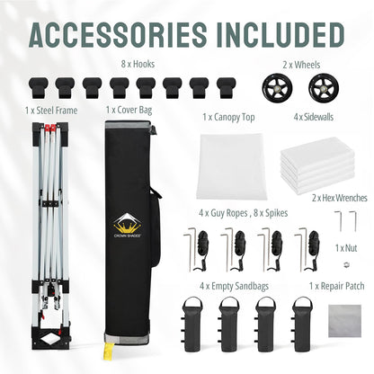 CROWN SHADES 10x10 Pop Up Canopy Tent Instant Commercial 1-Person Setup Patended Centerlock with 400D Silver Coated Fabric, 4 Sidewalls, 4" Wheels, 4 Upgraded Weights, Sto'N Go Bag, White