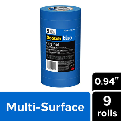 ScotchBlue Original Multi-Surface Painters Tape, 1 Inch Wide (0.94 In. x 60 Yds), 9 Rolls, Blue Paint Tape Protects Surfaces and Removes Easily, Masking Tape for Indoor and Outdoor Use (2090-24AP9)