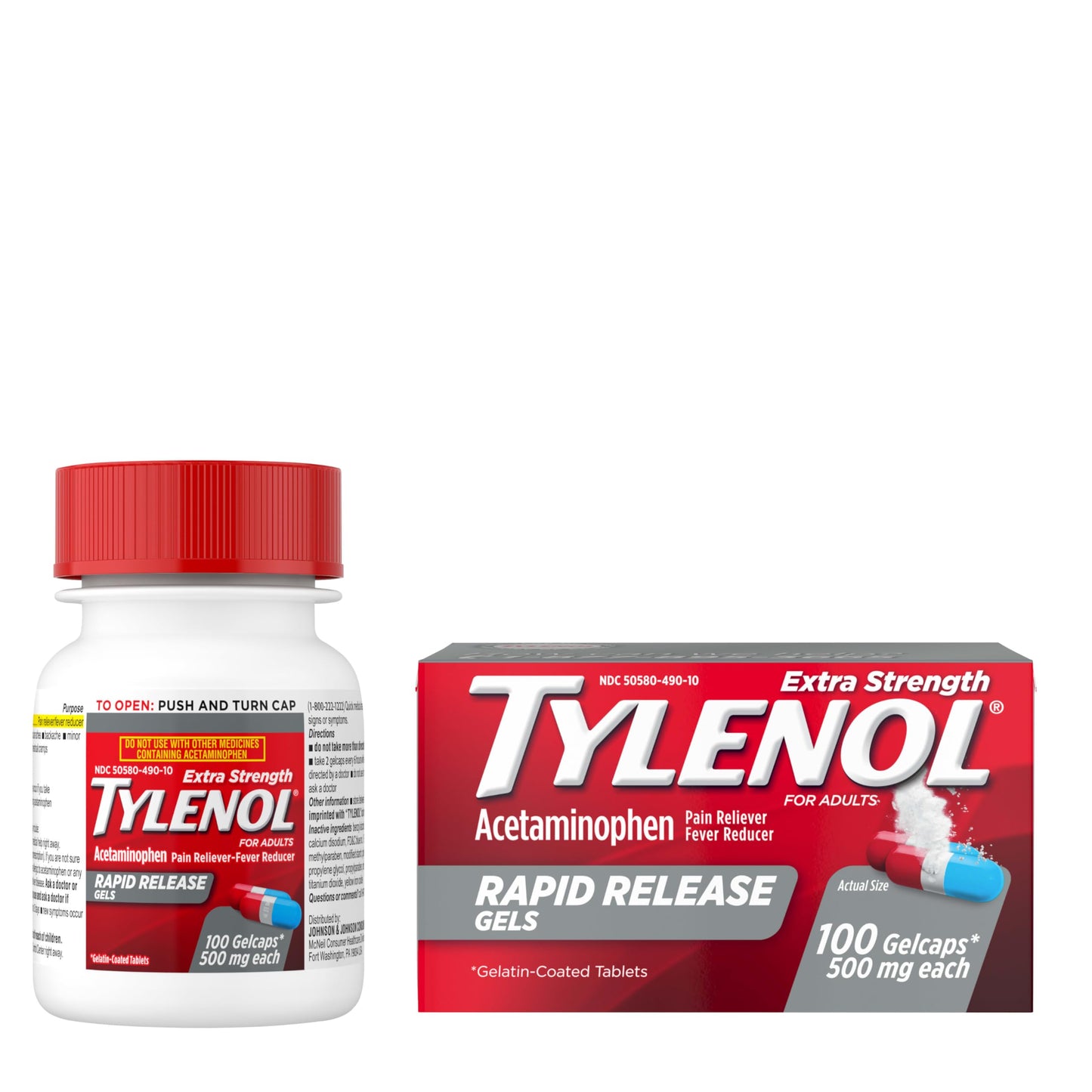 Tylenol Extra Strength Acetaminophen Rapid Release Gels, Pain Reliever & Fever Reducer, Gelcaps with Laser-Drilled Holes for Fast Release, Gentle on Stomach, 500 mg Per Gelcap, 100 Count OTC Medicine