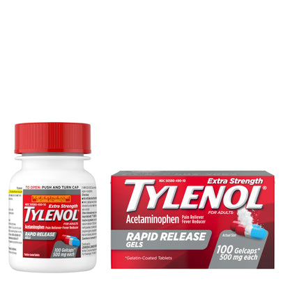 Tylenol Extra Strength Acetaminophen Rapid Release Gels, Pain Reliever & Fever Reducer, Gelcaps with Laser-Drilled Holes for Fast Release, Gentle on Stomach, 500 mg Per Gelcap, 100 Count OTC Medicine