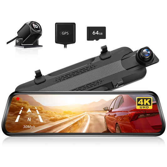 WOLFBOX G930 10'' Rear View Mirror Camera with 5.8GHz WiFi, 4K Dash Cam Front and Rear with WDR, Touch Screen Rearview Mirror Backup Camera, Parking Monitor, Reverse Assist, Includes 64GB Card & GPS