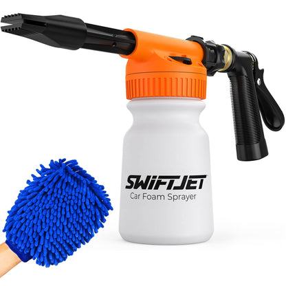 SwiftJet Car Wash Foam Gun + Microfiber Wash Mitt - Foam Cannon Works with Any Soap - Garden Hose Car Foam Sprayer - Car Wash Kit - Car Accessories Foam Blaster (Orange Foam Gun with Mitt)
