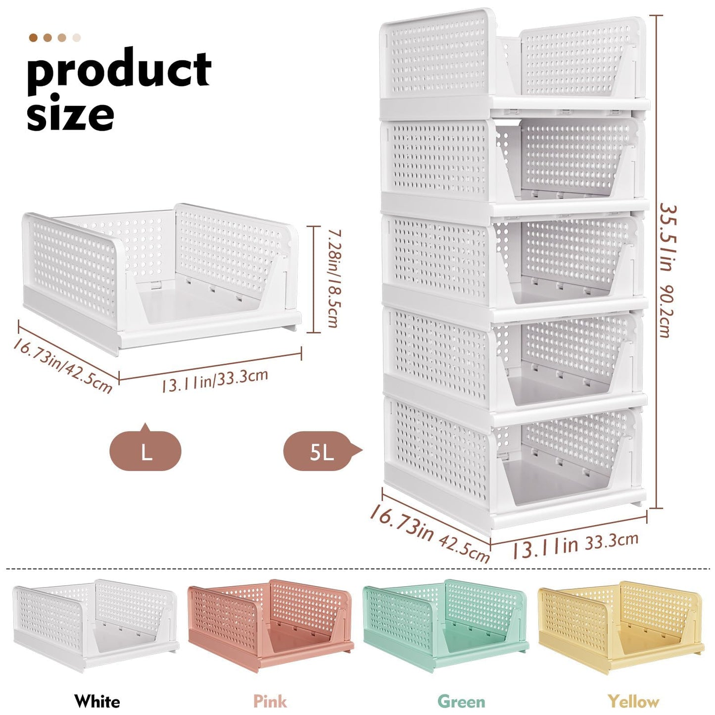 SNSLXH 5 Pack Stackable Closet Storage Basket, Multifunctional & Foldable Closet Organizer for Bathroom Kitchen Laundry Room Wardrobe Storage, Space-Saving Clothes Storage Drawer Organizer, White