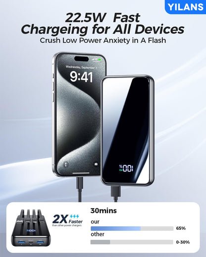Portable Charger,42800mAh Power Bank Built-in Cable,22.5W PD USB C in & Out Fast Charging, External Battery Pack 6 Output & 2 Input, Travel Phone Charger for iPhone 16/15/14/13/12, Android (Black)