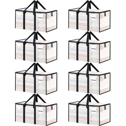 8 Pack Extra Large Heavy Duty Moving Bags, Clear Storage Bins with Lids, Reinforced Handles & Heavy-Duty Zippers Moving Boxes Storage Bags Totes for Clothes Packing, Dorms, College Supplies, Clear
