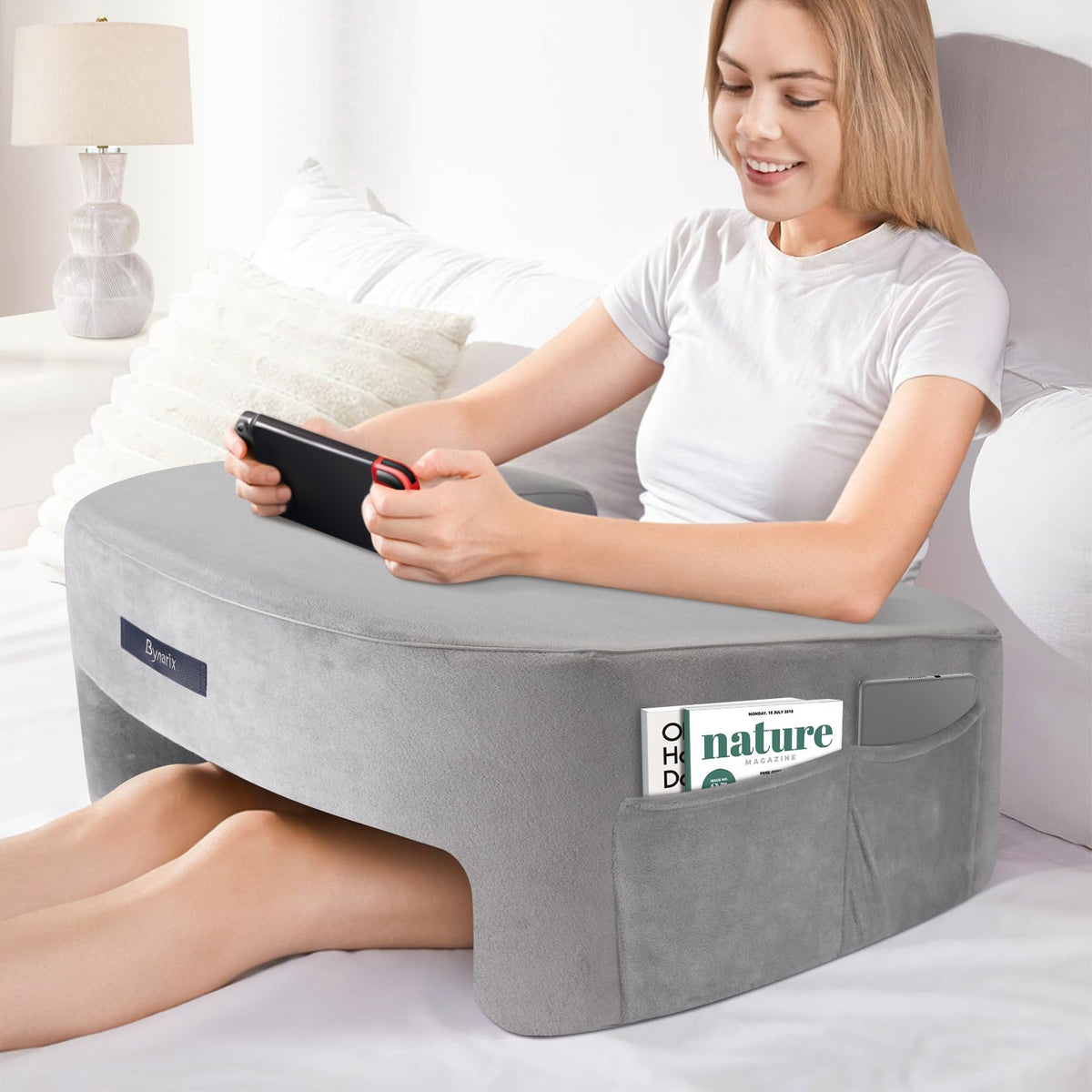 ByNaRIX Reading Pillow for Gaming, Lap Desk Pillow for Laptop, Extra Large Arm Rest Pillow for Adult Working, Playing, Crocheting, Steam Deck Switch/Sitting in Bed Floor Couch Sofa Grey